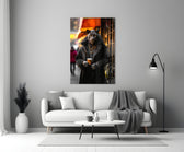Java the Leopard glass wall art styled above a console in a study