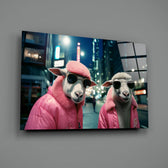 City Music close-up showing sheep duo in pink puffers and sunglasses