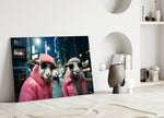City Music glass wall art styled above a console in a powder room