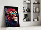 Hipster-lion artwork anchoring a wall with magenta-and-cobalt palette