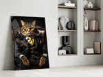 Feline-don artwork anchoring a wall with onyx-and-amber palette