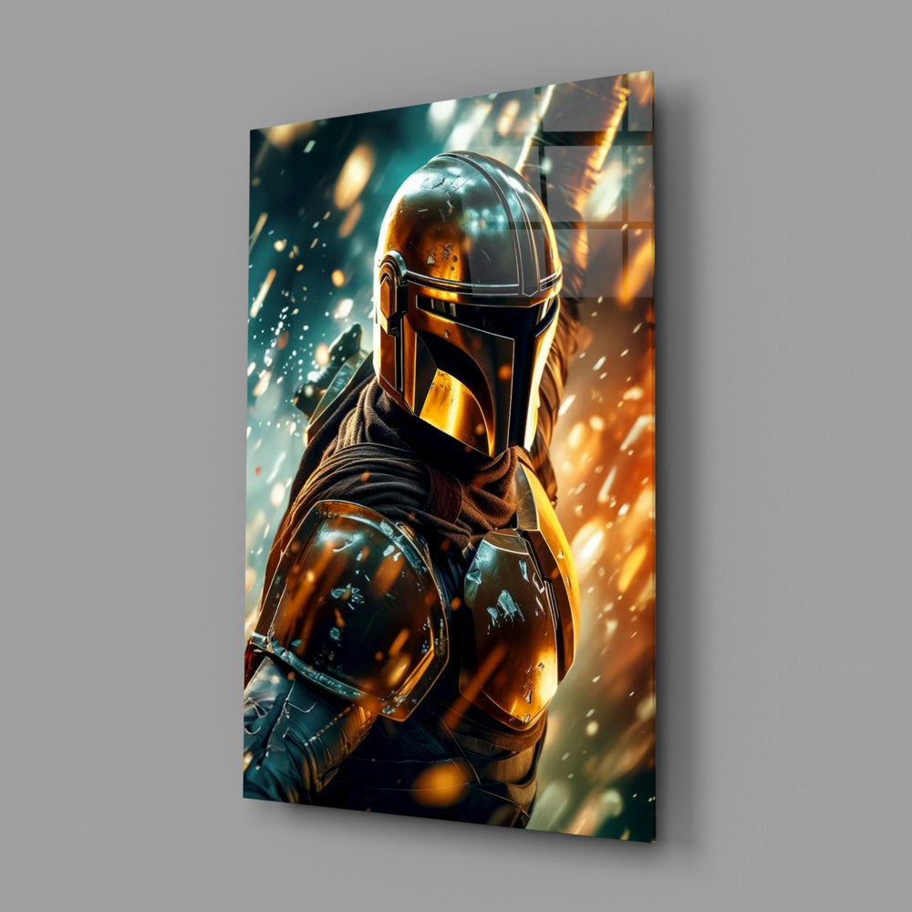 Mandalorian close-up showing beskar helmet and golden embers