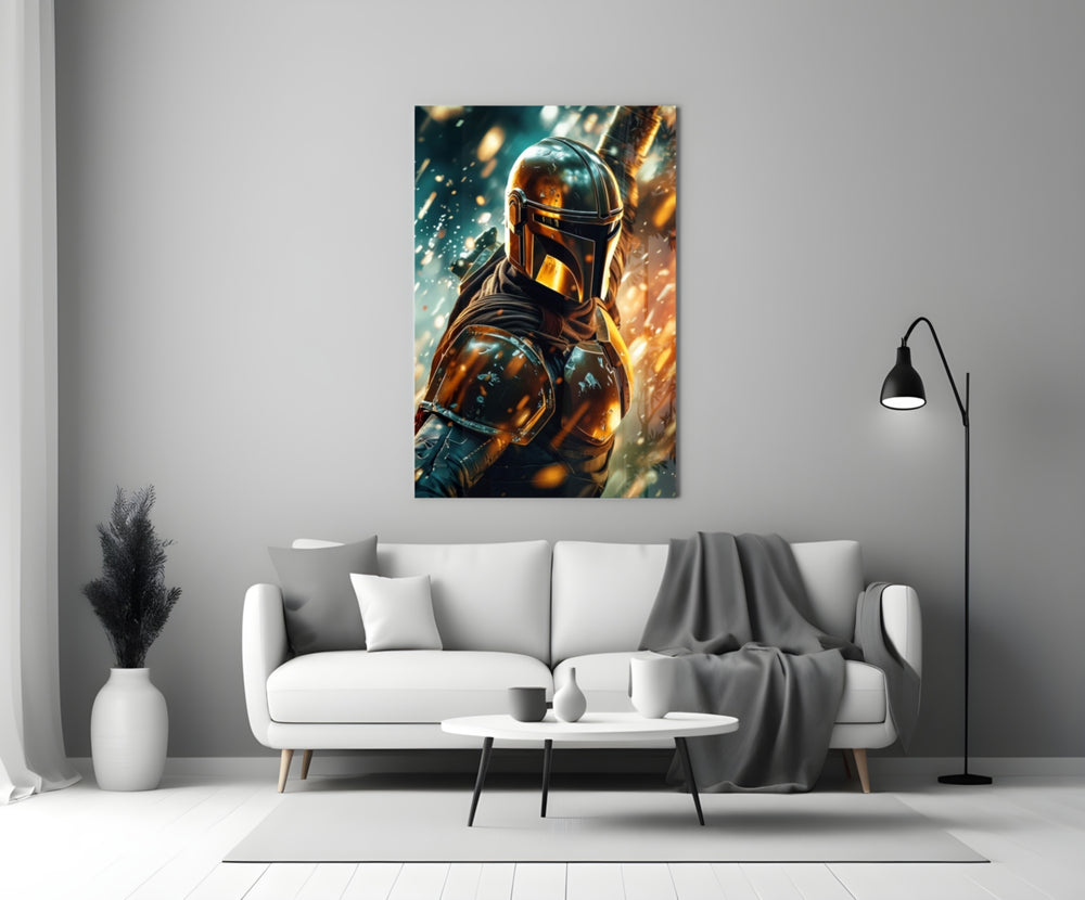 Mandalorian glass wall art styled above a console in a media room
