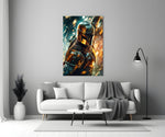 Mandalorian glass wall art styled above a console in a media room