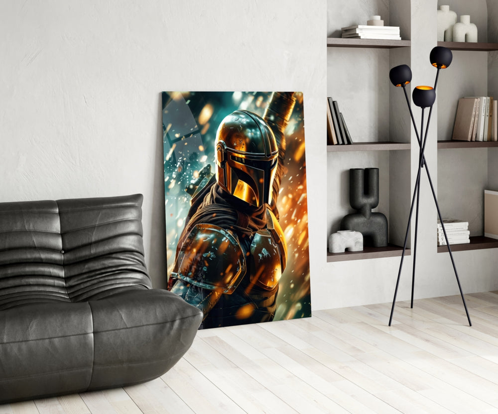 Mandalorian glass print enhancing a den with sci-fi firepower