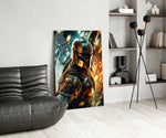 Mandalorian glass print enhancing a den with sci-fi firepower