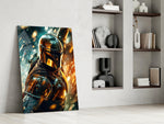 Bounty-hunter artwork anchoring a wall with amber-and-teal palette