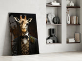 Dapper-giraffe artwork anchoring a wall with navy-and-amber palette