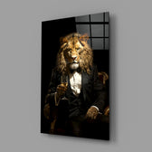 Gentleman close-up showing lion head in black tuxedo with champagne