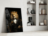 Noble-gentleman artwork anchoring a wall with onyx-and-gold palette