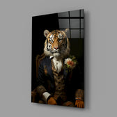 Gentleman close-up showing tiger head in navy suit and cravat