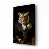 Vintage-portrait panel bringing dapper glow to a library