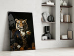 Noble-gentleman artwork anchoring a wall with navy-and-coral palette