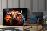 Fierce-beast artwork anchoring a wall with magenta-and-cyan palette