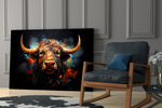 Moody-beast artwork anchoring a wall with amber-and-charcoal palette