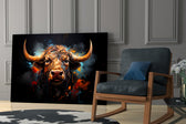 Moody-beast artwork anchoring a wall with amber-and-charcoal palette