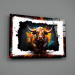Bull close-up showing torn-paper border and splatter