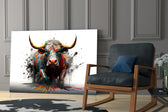 Charging-beast artwork anchoring a wall with magenta-and-ivory palette