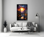 Moonlight glass wall art styled above a console in a sunroom