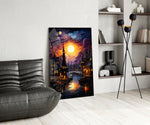 Moonlight glass print enhancing a den with statement firepower