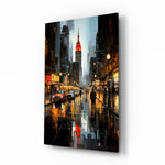 Painterly-cityscape panel bringing twilight glow to a study