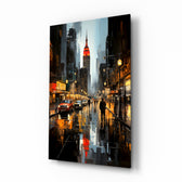 Painterly-cityscape panel bringing twilight glow to a study