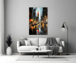 City Night glass wall art styled above a console in a media room