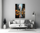 City Night glass wall art styled above a console in a media room