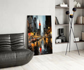 City Night glass print enhancing a den with travel-poster heat