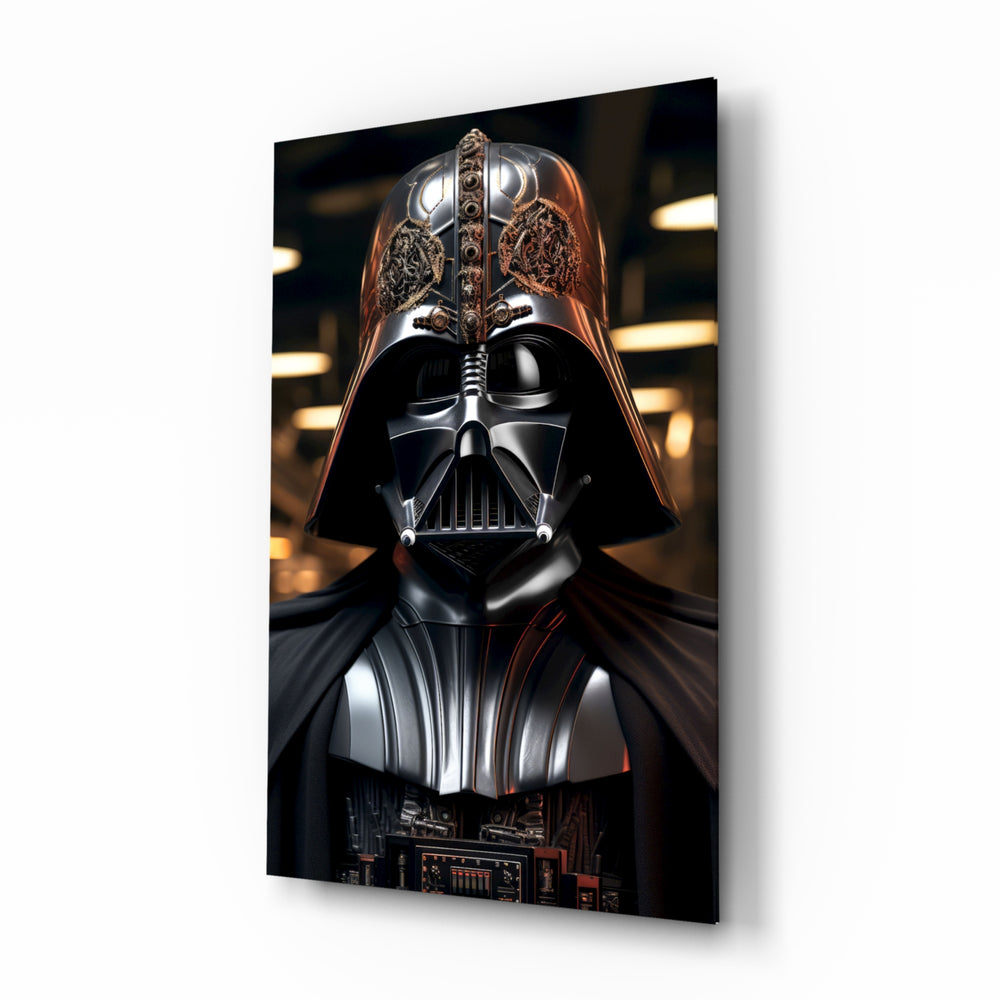 Darth Vader glass wall art displayed above a sideboard in a man cave