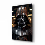 Darth Vader glass wall art displayed above a sideboard in a man cave
