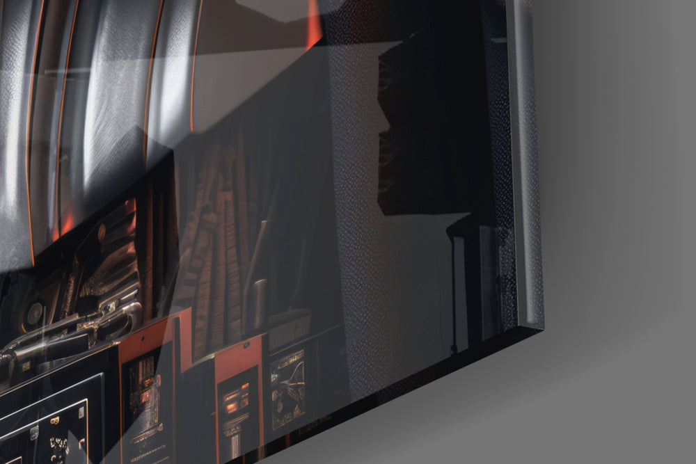 Sci-fi-villain artwork anchoring a wall with chrome-and-amber palette