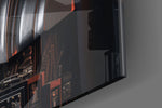 Sci-fi-villain artwork anchoring a wall with chrome-and-amber palette