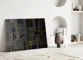 Rectangles glass wall art styled above a console in a foyer