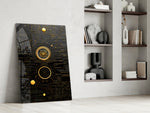 Cosmic-clockwork artwork anchoring a wall with gold-and-slate palette
