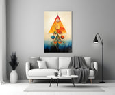 Harmony of Shapes glass wall art styled above a console in a designer studio