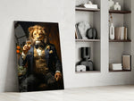 Noble-gentleman artwork anchoring a wall with navy-and-gold palette