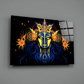 Astrologer close-up showing golden mask and sun-wheel rays