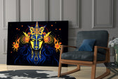 Celestial-seer artwork anchoring a wall with gold-and-indigo palette