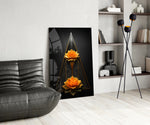 Lotus glass print enhancing a powder room with statement firepower