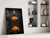 Mirrored-bloom artwork anchoring a wall with gold-and-onyx palette