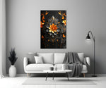 Flower of Luck glass wall art styled above a console in a powder room