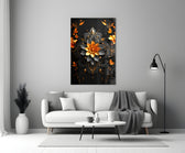 Flower of Luck glass wall art styled above a console in a powder room