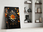 Ornate-mandala artwork anchoring a wall with tangerine-and-onyx palette
