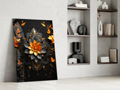 Ornate-mandala artwork anchoring a wall with tangerine-and-onyx palette