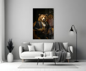 Gentleman Bear glass wall art styled above a console in a home bar
