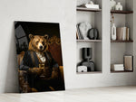 Dignified-bear artwork anchoring a wall with velvet-and-teal palette