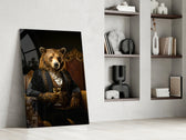 Dignified-bear artwork anchoring a wall with velvet-and-teal palette