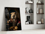 Noble-gentleman artwork anchoring a wall with scarlet-and-umber palette