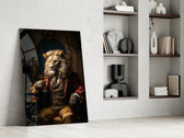 Noble-gentleman artwork anchoring a wall with scarlet-and-umber palette